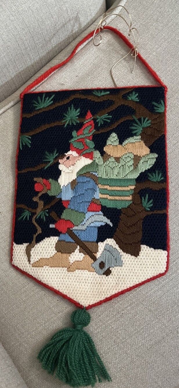 Elf Santa Long Stitch Christmas Banner Pine Forest Completed Wall Hanging